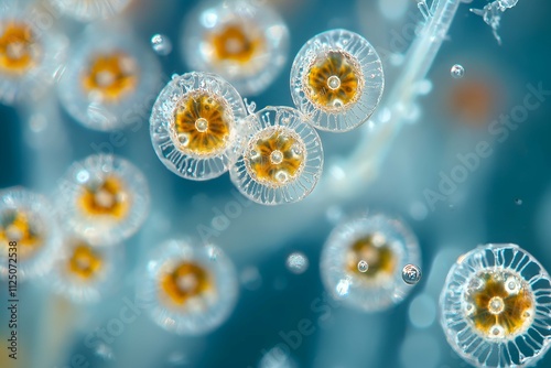 A magnified view of spherical plankton with golden centers, displaying vivid colors and intricate translucent patterns