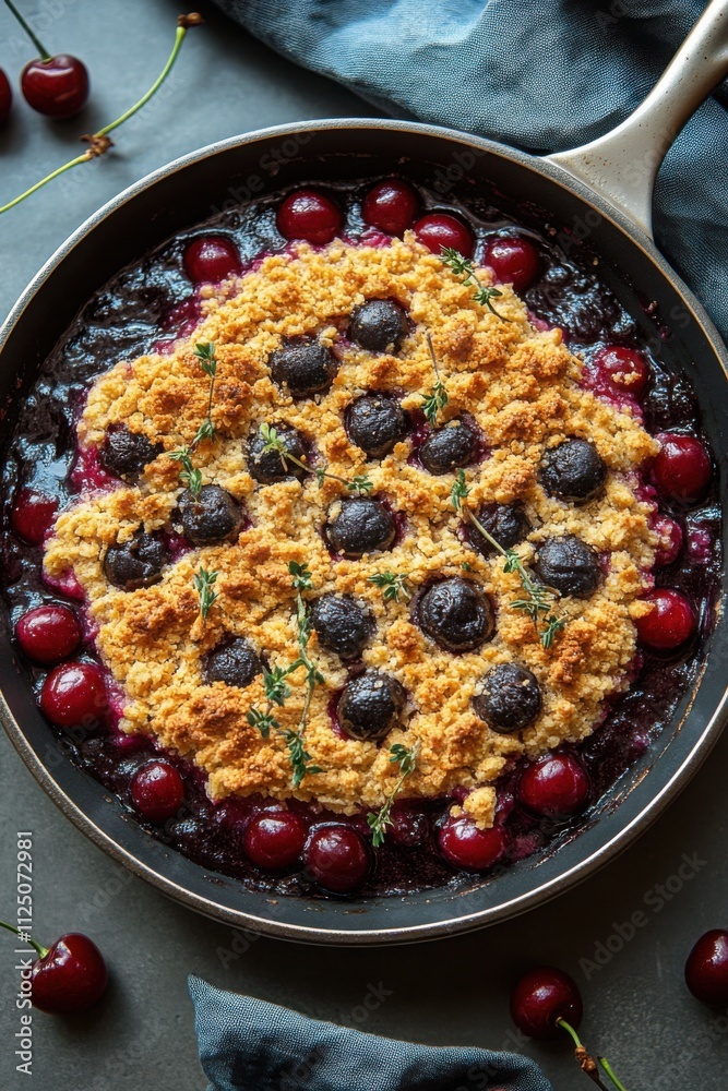 Cherry crisp in a pan with fresh cherries and crumbly topping, perfect for food photography, recipe presentations, and cookbooks.
Cherry crisp in a pan with fresh cherries and crumbly topping, perfect for food photography, recipe presentations, and cookbooks.