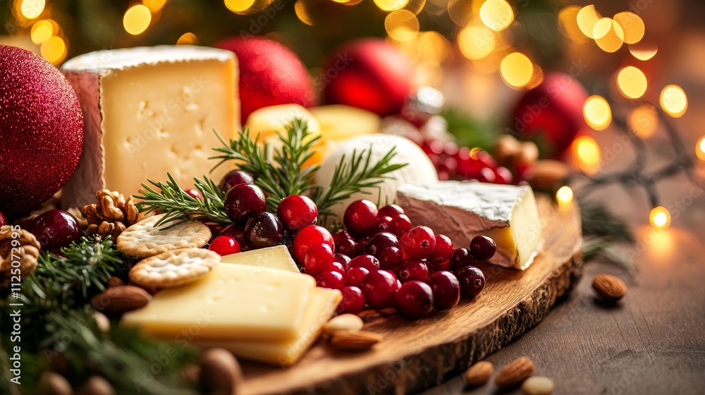 A beautifully arranged cheese board with nuts, crackers, and festive decorations, perfect for holiday celebrations and gatherings. A beautifully arranged cheese board with nuts, crackers, and festive decorations, perfect for holiday celebrations and gatherings.