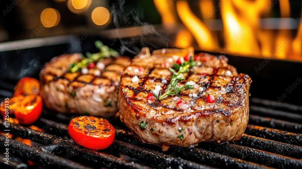A close-up shot of a sizzling ribeye steak being cooked on a grill, showcasing the sear marks and juicy texture, with flames in the background for an appetizing effect. A close-up shot of a sizzling ribeye steak being cooked on a grill, showcasing the sear marks and juicy texture, with flames in the background for an appetizing effect.
