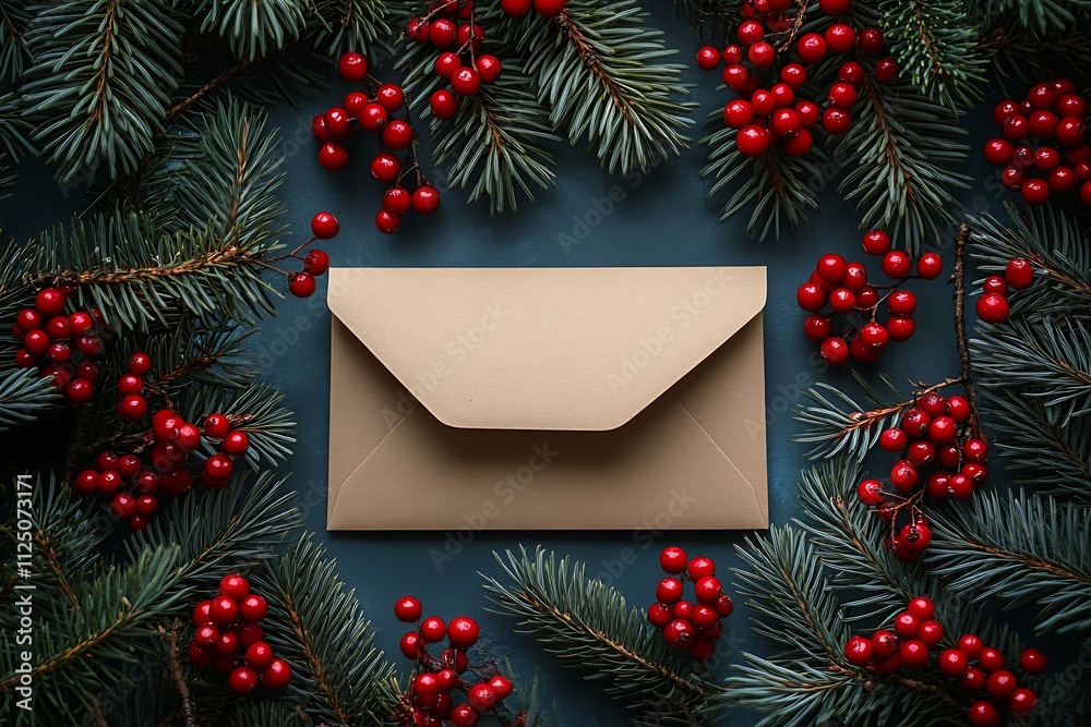 A Festive Winter Wonderland with a Tan Envelope Encircled by Evergreen Branches and Red Berries A Festive Winter Wonderland with a Tan Envelope Encircled by Evergreen Branches and Red Berries