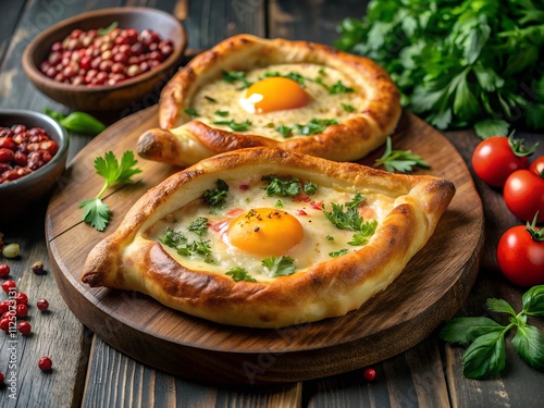 Two golden khachapuri filled with cheese and topped with eggs rest on a wooden board, surrounded by fresh herbs and vibrant garnishes, evoking a warm, culinary experience