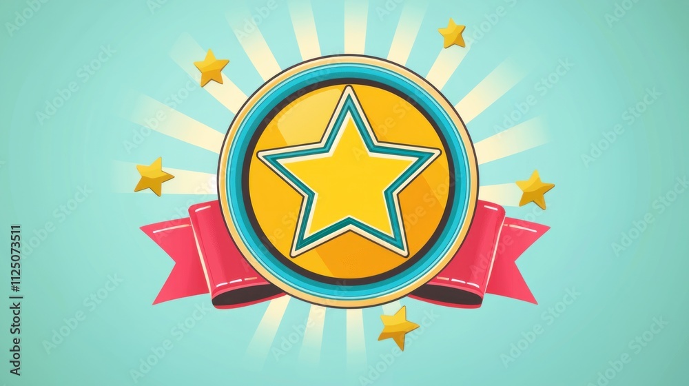 A digital achievement badge with a star and ribbon design. A digital achievement badge with a star and ribbon design.