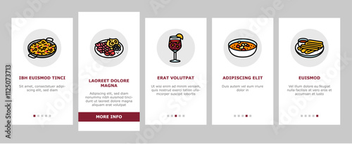 spanish cuisine food paella tapas onboarding mobile vector spain dish, plate meat, traditional gourmet, restaurant mediterranean, tortilla spanish cuisine food paella tapas illustrations