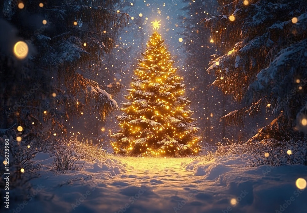 A beautiful Christmas tree, adorned with lights, stands in the middle of an enchanted forest, surrounded by snow and twinkling stars. A beautiful Christmas tree, adorned with lights, stands in the middle of an enchanted forest, surrounded by snow and twinkling stars.