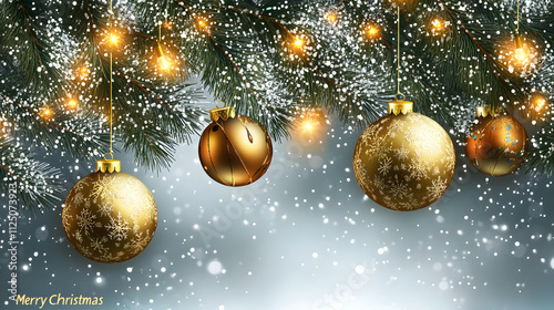 Christmas tree ornaments in gold and silver against a snowy white background, capturing the elegance and beauty of holiday decorations. photo