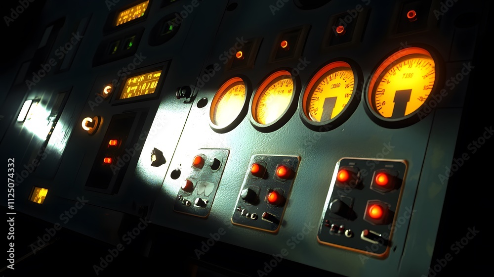 Close-up of a control panel with blinking lights and gauges, shadows creating a tense atmosphere of urgency and focus. Close-up of a control panel with blinking lights and gauges, shadows creating a tense atmosphere of urgency and focus.