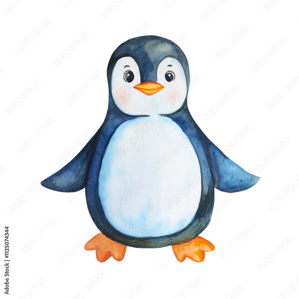 Fototapeta premium Adorable Watercolor Penguin Illustration Cute Winter Bird Childrens Book Holiday Card Design