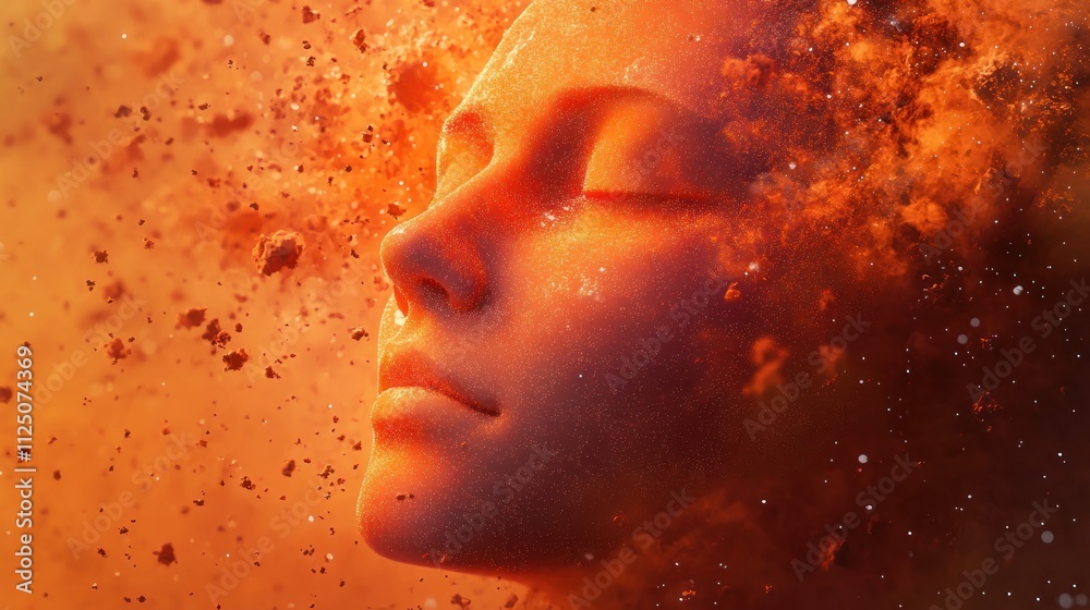Orange cosmic cloud surrounds an ethereal human face Orange cosmic cloud surrounds an ethereal human face