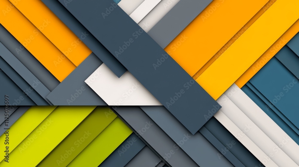 Colorful geometric layers create a modern abstract design emphasizing bold shapes and contrasting tones