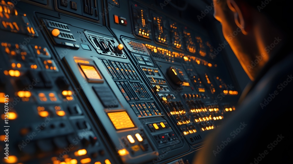 Close-up of an electrical control panel with glowing buttons and indicators, shadows highlighting the intensity of the technician's focus. Close-up of an electrical control panel with glowing buttons and indicators, shadows highlighting the intensity of the technician's focus.