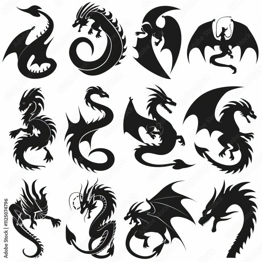 Dragons icon silhouette, dino, wyvern symbols, dinosaurs isolated, mythical monster, minimal flat tattoo Dragons icon silhouette, dino, wyvern symbols, dinosaurs isolated, mythical monster, minimal flat tattoo
