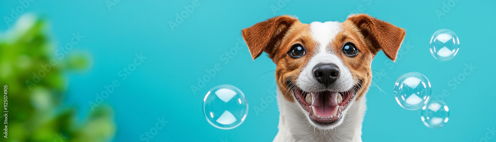 Happy dog playing with bubbles against a bright blue background and green plant. Happy dog playing with bubbles against a bright blue background and green plant.