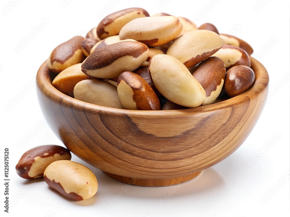 A wooden bowl overflows with roasted Brazil nuts, their creamy and dark brown hues creating a visually appealing contrast. Perfect for snacking or cooking, these nuts exude freshness