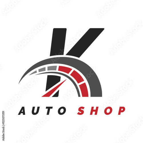 letter K logo auto mechanic with speedometer style. Alphabet K automotive speedometer design icon