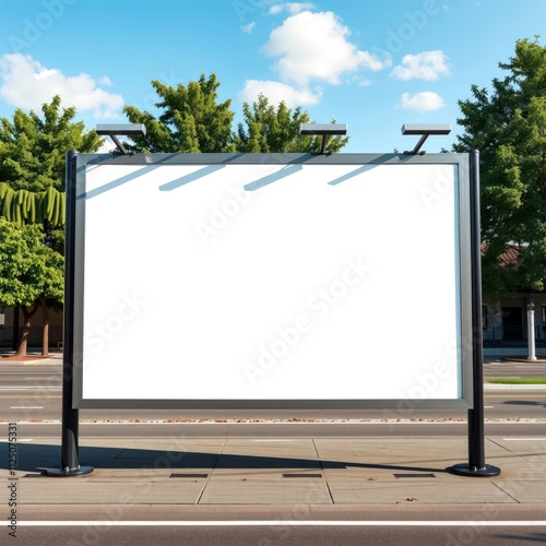 Empty billboard, urban street setting, palm trees, sunny day, blue sky, outdoor advertising, city sidewalk, modern display, blank canvas, public space, tropical vegetation, clean design, street furnit photo