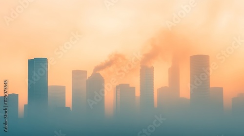 Silhouetted Cityscape at Sunrise with Fog and Smoke in the Air