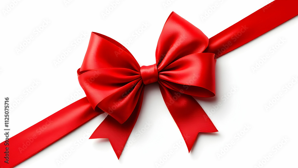 A vibrant red satin ribbon is tied into a perfect bow, diagonally positioned against a stark white background. The glossy texture and sharp folds are clearly visible. A vibrant red satin ribbon is tied into a perfect bow, diagonally positioned against a stark white background. The glossy texture and sharp folds are clearly visible.
