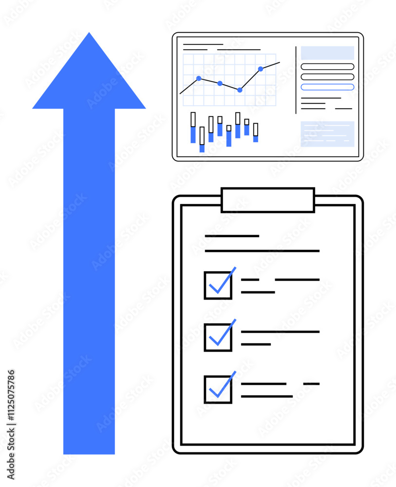 Large blue arrow pointing upwards beside a chart with bar and line graphs, and a checklist with checkboxes marked. Ideal for business growth, performance tracking, data analysis, progress reports Large blue arrow pointing upwards beside a chart with bar and line graphs, and a checklist with checkboxes marked. Ideal for business growth, performance tracking, data analysis, progress reports