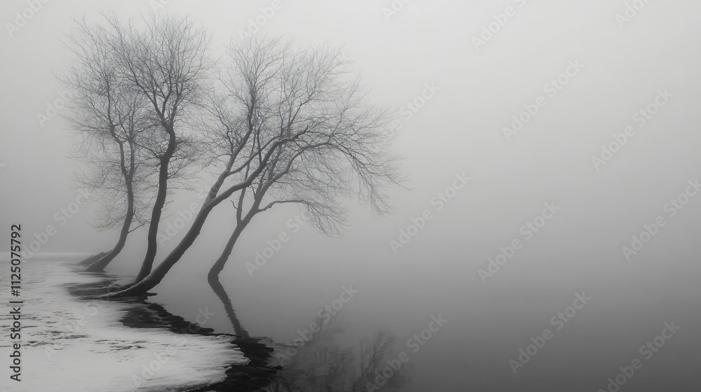 Frozen landscapes under a blanket of fog, stillness interrupted. Frozen landscapes under a blanket of fog, stillness interrupted.