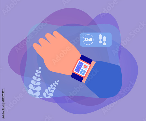 Smart watch on wrist of person showing time, pulse and pedometer. Monitoring health and number of steps per day flat vector illustration. Technology, healthy lifestyle concept for banner, landing page