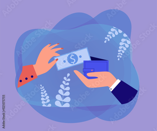 Womans hand putting dollar bill into open mans wallet. Payment and transfer of money to person holding purse flat vector illustration. Finance concept for banner, website design or landing web page