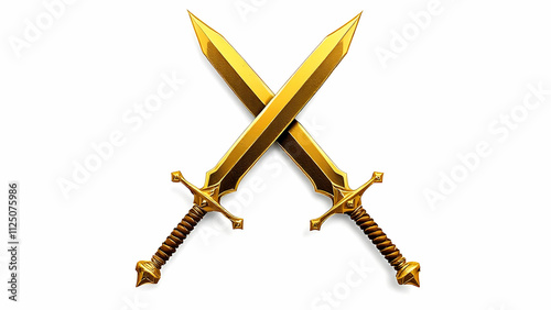 Two golden swords with intricate details cross against a white background. The blades are sharp, the hilts ornate, suggesting power and medieval combat.