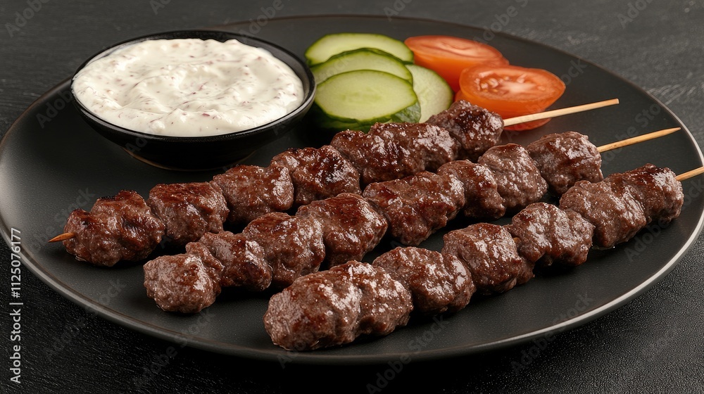 A creative food styling shot of a barbecue platter featuring skewers with different marinades, accompanied by dips and fresh vegetables, beautifully presented for an inviting look. A creative food styling shot of a barbecue platter featuring skewers with different marinades, accompanied by dips and fresh vegetables, beautifully presented for an inviting look.