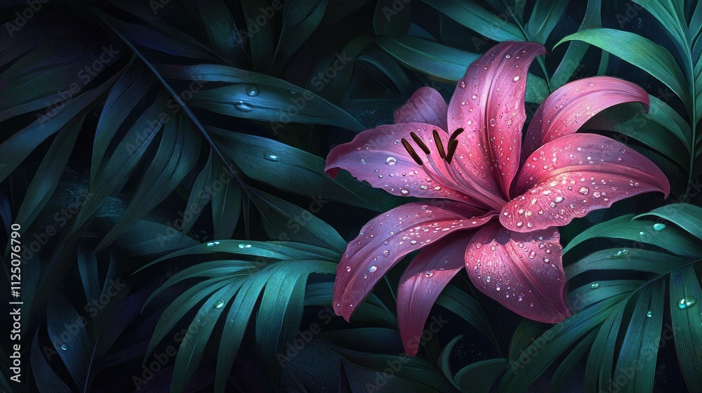 A delicate lily with droplets of water on its petals, reflecting light and color, surrounded by lush green leaves, creating a beautiful nature composition A delicate lily with droplets of water on its petals, reflecting light and color, surrounded by lush green leaves, creating a beautiful nature composition
