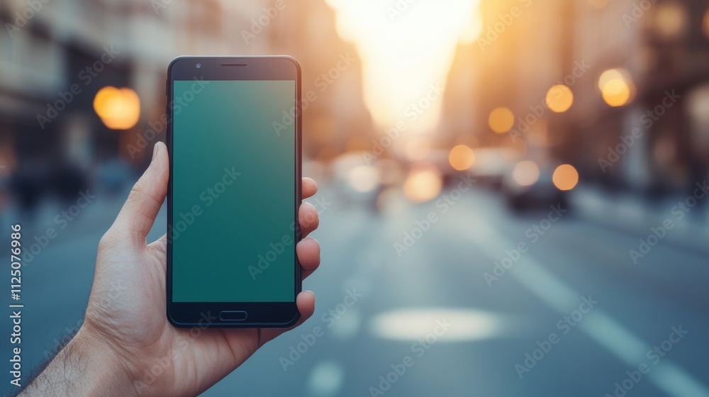 Hand Holding Smartphone With Blank Screen On Urban Street Background Hand Holding Smartphone With Blank Screen On Urban Street Background