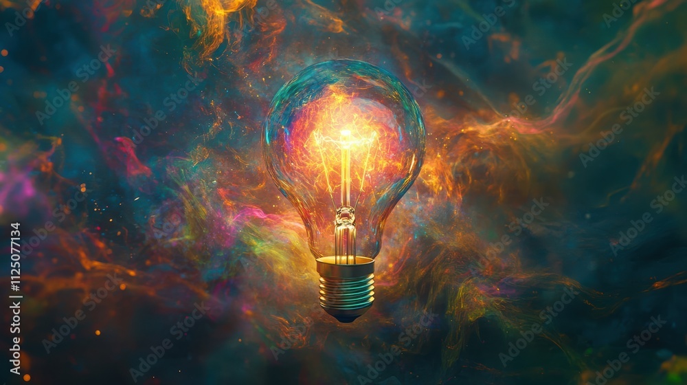 Glowing lightbulb with rainbow explosion and abstract energy waves Glowing lightbulb with rainbow explosion and abstract energy waves