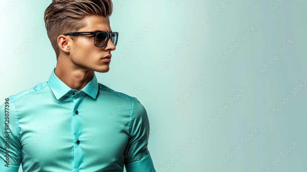 Fototapeta premium Stylish man wearing glasses, teal shirt, modern hairstyle, looking confidently sideways, light background