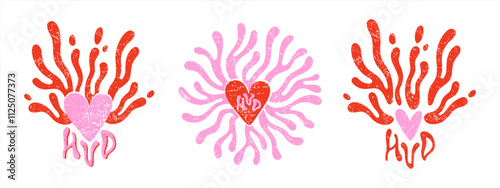 Happy Valentine's Day surreal psychedelic graphic design elements card templates. Linocut relief printing texture. Textured grungy hearts, fluid organic lines, blob wavy rounded sprouts. HVD lettering