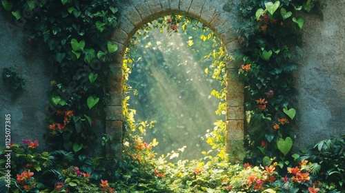 Stone Archway Overgrown With Lush Green Vines And Flowers