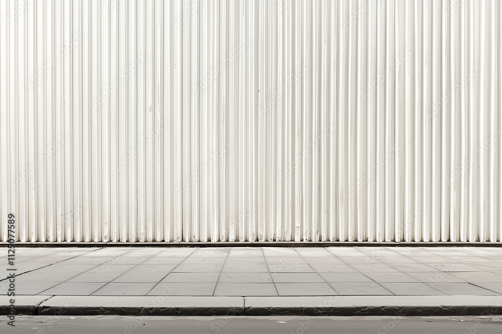 Fototapeta premium Minimalist white wall with vertical wave pattern and tiled pavement. clean lines and simplicity evoke sense of calm and modernity