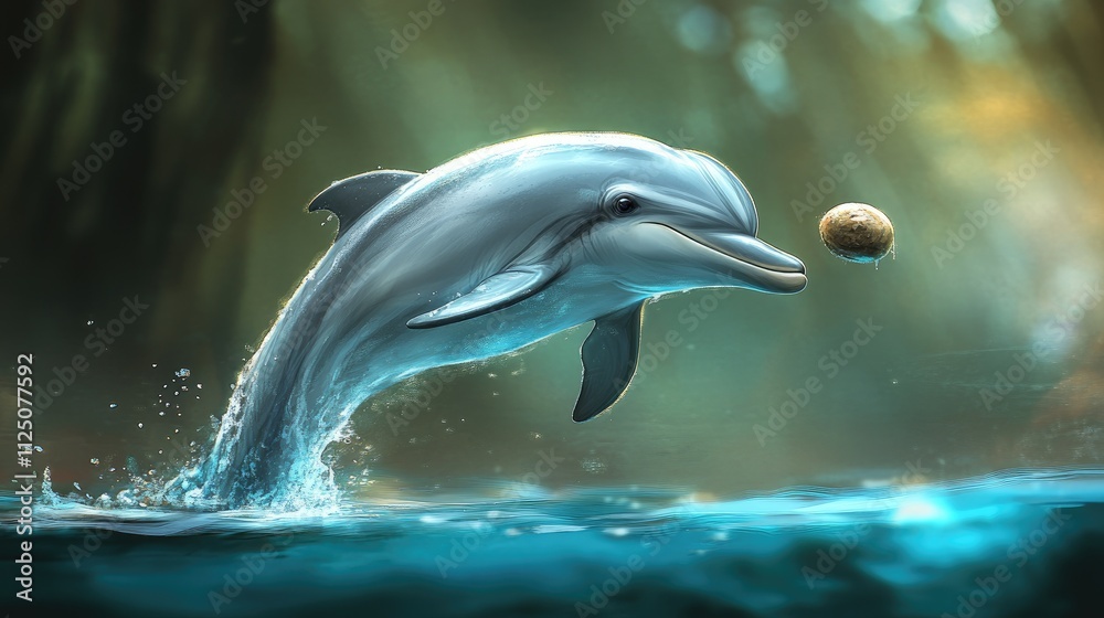Obraz premium A dolphin playfully nudging a floating object in the water, its curious eyes and playful demeanor highlighted against a vibrant ocean backdrop