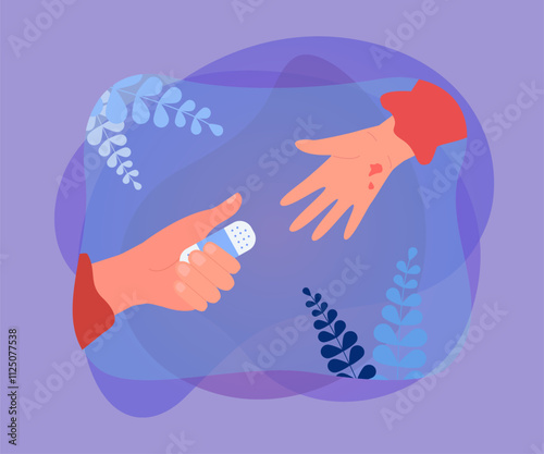 Hand holding out patch to cover scratch of injured person. Medical care for people with injury and wound flat vector illustration. Medicine, aid concept for banner, website design or landing web page