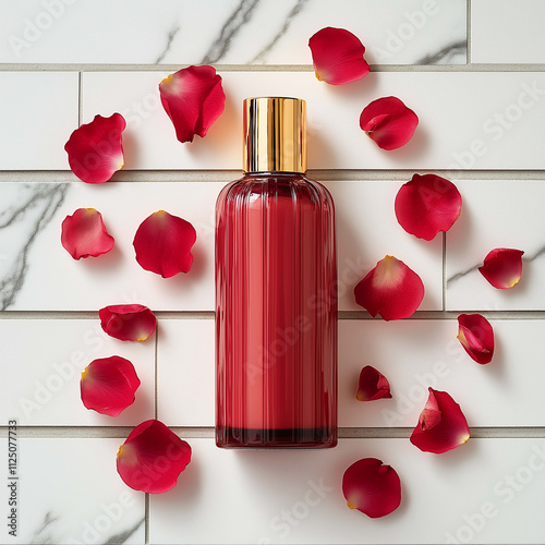 Luxurious red bottle surrounded by rose petals on marble surface, creating elegant and romantic atmosphere. Perfect for beauty and skincare products
