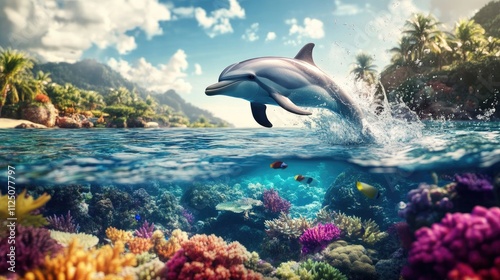 A dolphin splashing playfully in shallow waters, with colorful coral reefs visible below, creating a lively scene filled with underwater beauty photo