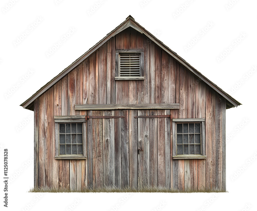 old rustic wooden barn isolated on white background, weathered wood barn cutout png