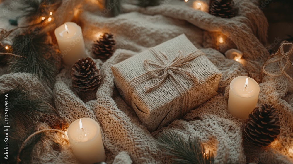 Holiday flat lay with gifts decor and cozy seasonal accents Holiday flat lay with gifts decor and cozy seasonal accents