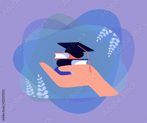 Students hand holding graduate cap and books. University study offer for person flat vector illustration. Intelligence, education, achievement concept for banner, website design or landing web page