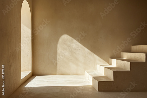 Obraz na płótnie serene interior featuring soft plaster wall, illuminated by gentle shadows. light creates calming atmosphere, highlighting elegant staircase and archway w salonie