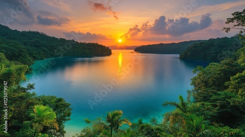 Tropical Sunset Over Lush Green Bay Calm Waters