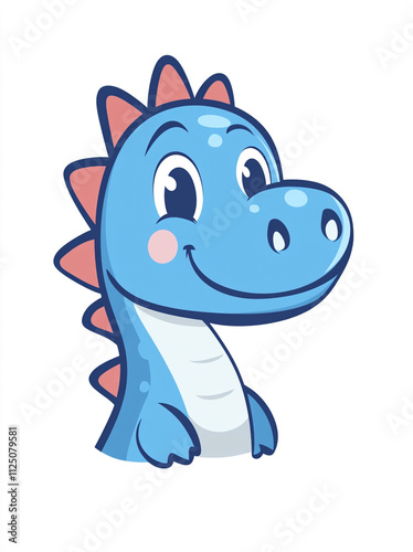 A cartoon dinosaur head with a big smile on its face. The dinosaur is blue and has a white belly. 