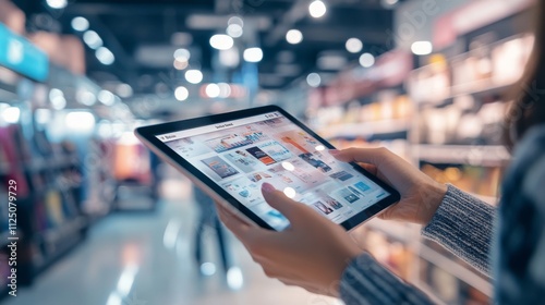A person uses a tablet to browse products in a retail store, surrounded by shelves filled with various items.