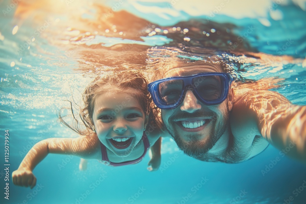 Naklejka premium A Father And Daughter Swim Underwater In A Pool, Enjoying Their Summer Vacation. The Scene Highlights Family Fun, Learning To Swim, With A Blue Father's Day Banner.