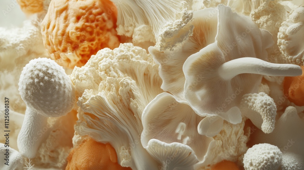 A close-up view of various delicate, textured fungi featuring shades of white and orange, showcasing their intricate forms and shapes. A close-up view of various delicate, textured fungi featuring shades of white and orange, showcasing their intricate forms and shapes.