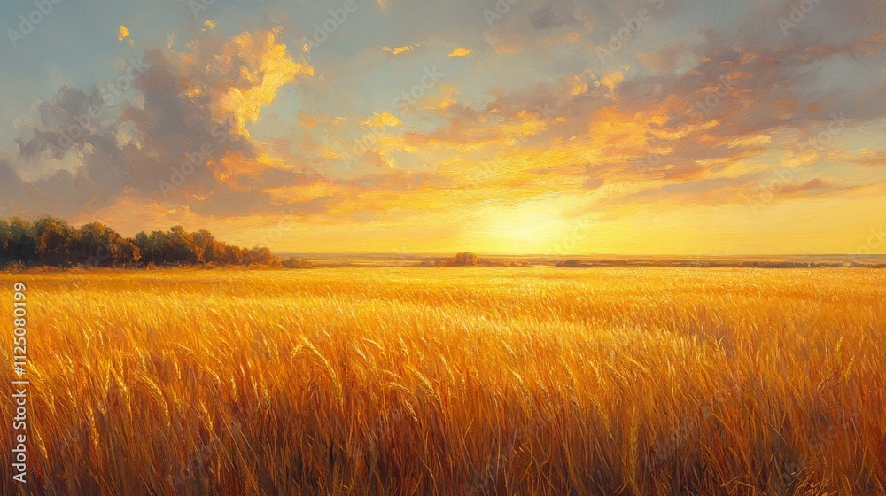 Golden Wheat Field Sunset Landscape Painting Golden Wheat Field Sunset Landscape Painting