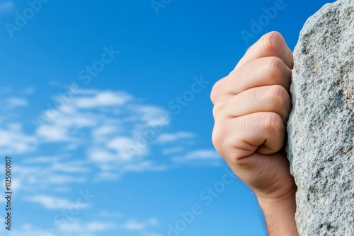 A high-resolution photo of a person climbing a steep mountain, their hand gripping a rock, symbolizing determination and effort photo